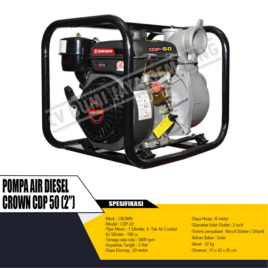 MESIN POMPA AIR DIESEL / WATERPUMP CROWN CDP 50 2 INCH SOLAR