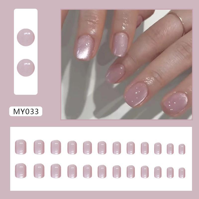 YAAYE KODE MY033 isi 24pcs Nail Art Motif Squoval Pendek Cat Eye Pink Polos + Lem sticker