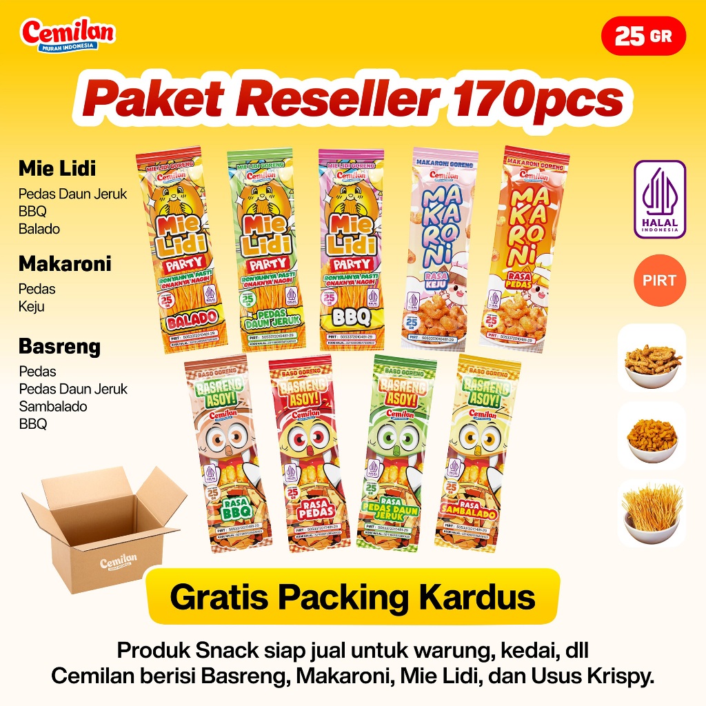 

Paket Usaha 170pcs Reseller Snack Cemilan Murah Indonesia - Makaroni Basreng Mie Lidi - Food Halal Renyah Gurih Asin Goreng Pedas Camilan