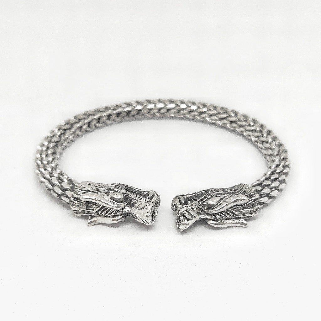 Gelang Brecelet Perak Silver Bali Asli 925 ukir Motif Naga Dragon Besar Unik Elegant Costum Pria Wan