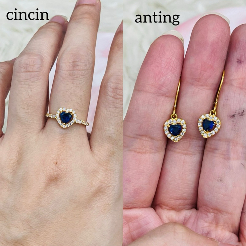 cincin dan anting love permata biru putih uk 14 elegant mewah emas asli kadar 700