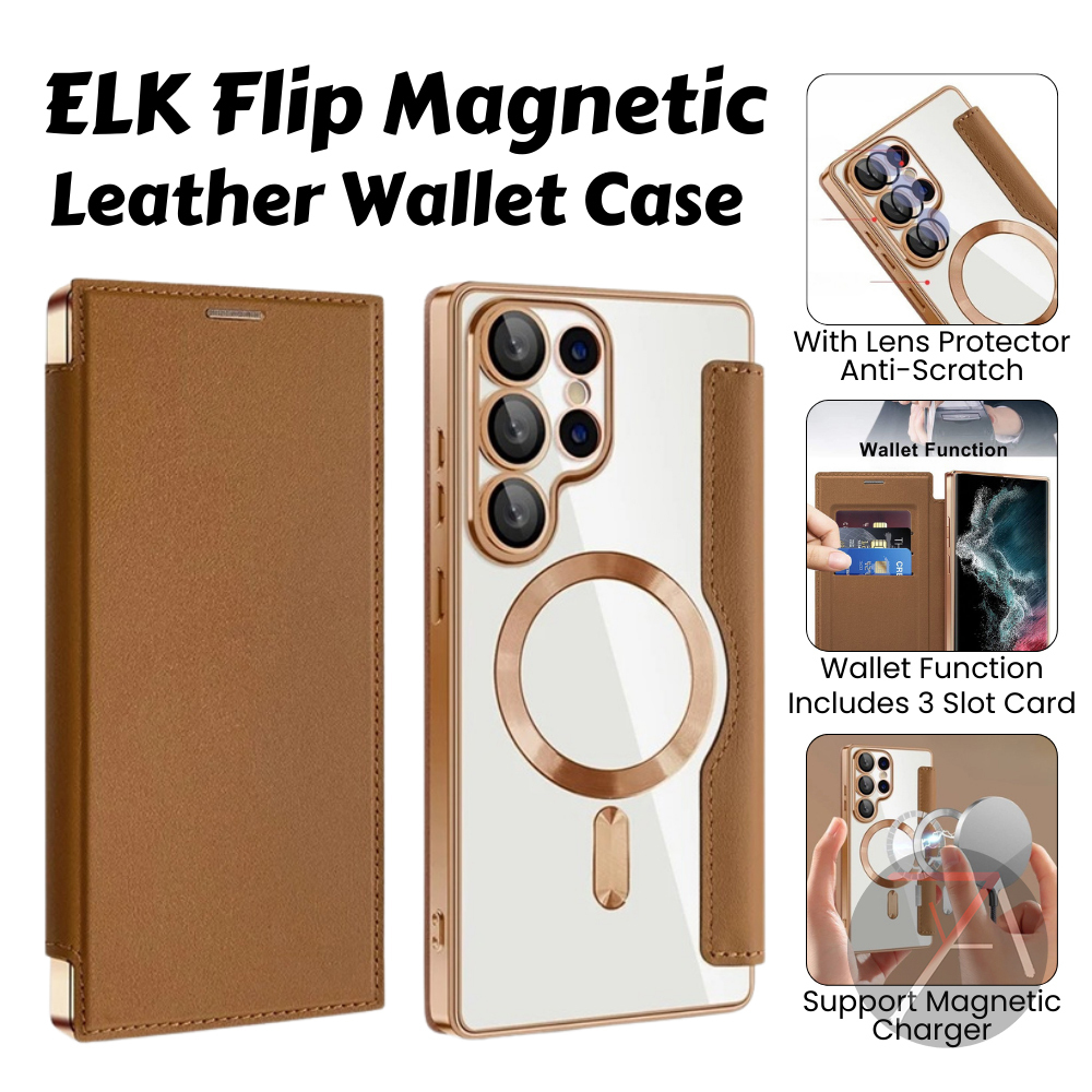 ELK Flip Case untuk Samsung Galaxy S25 Ultra Plus FE S24 S23 S22 S21 5G Premium Leather Magnetic Mag