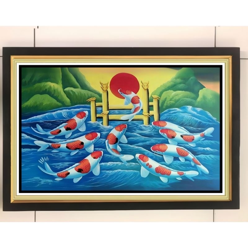hiasan dinding lukisan cetak ikan koi dan gerbang naga aesthetic plus bingkai ukuran 65×45
