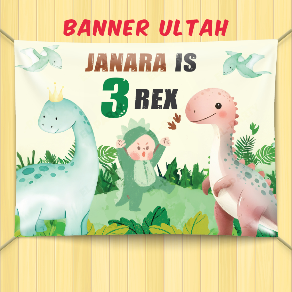 Banner Ulang Tahun Dinosaurus Spanduk Custom Nama Dekorasi Pesta Ultah Anak Backdrop Birthday Jumbo