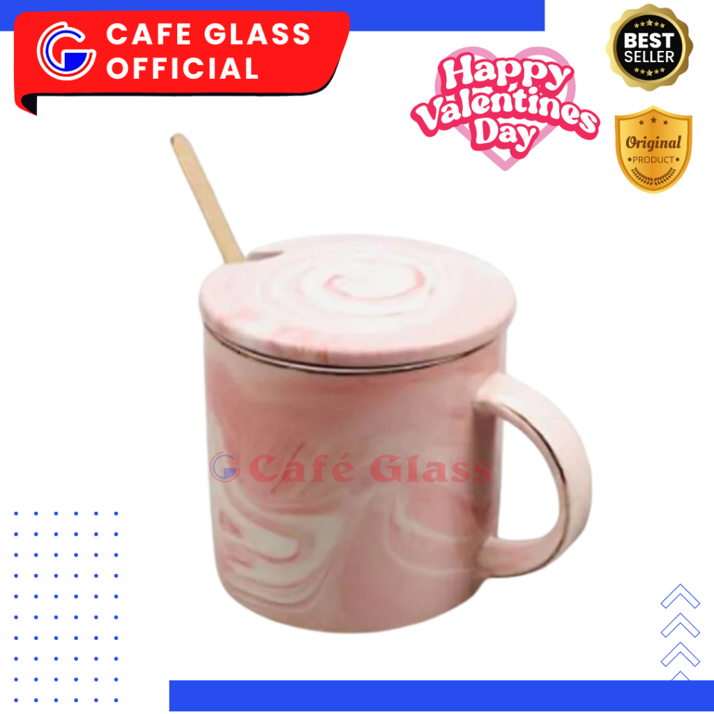MUG KERAMIK MARBLE | MUG MARMER PINK | MUG TUTUP + SENDOK | MUG 300ML ROYAL ALFRED