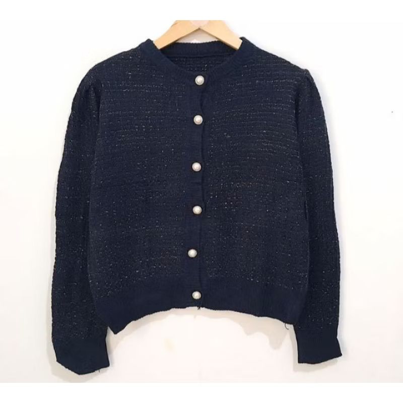 (COD)Sale preloved PREMI cardigan blazer outer crop tweed wanita warna navy/biru dongker
