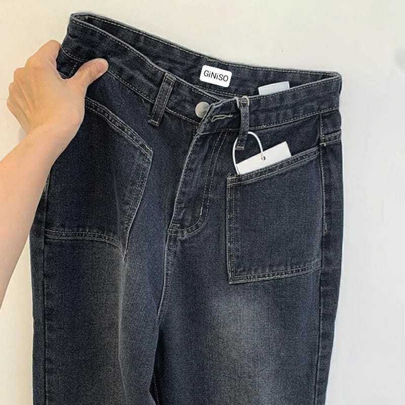 NEW! Celana Kulot Jeans Wanita Highwaist Loose Jeans Kantong Saku Depan Biru Retro Korean Style