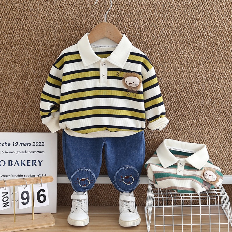 Setelan Anak Laki Laki Baju Set Kaos Lengan Panjang Kerah Polo dan Celana Jeans MALION