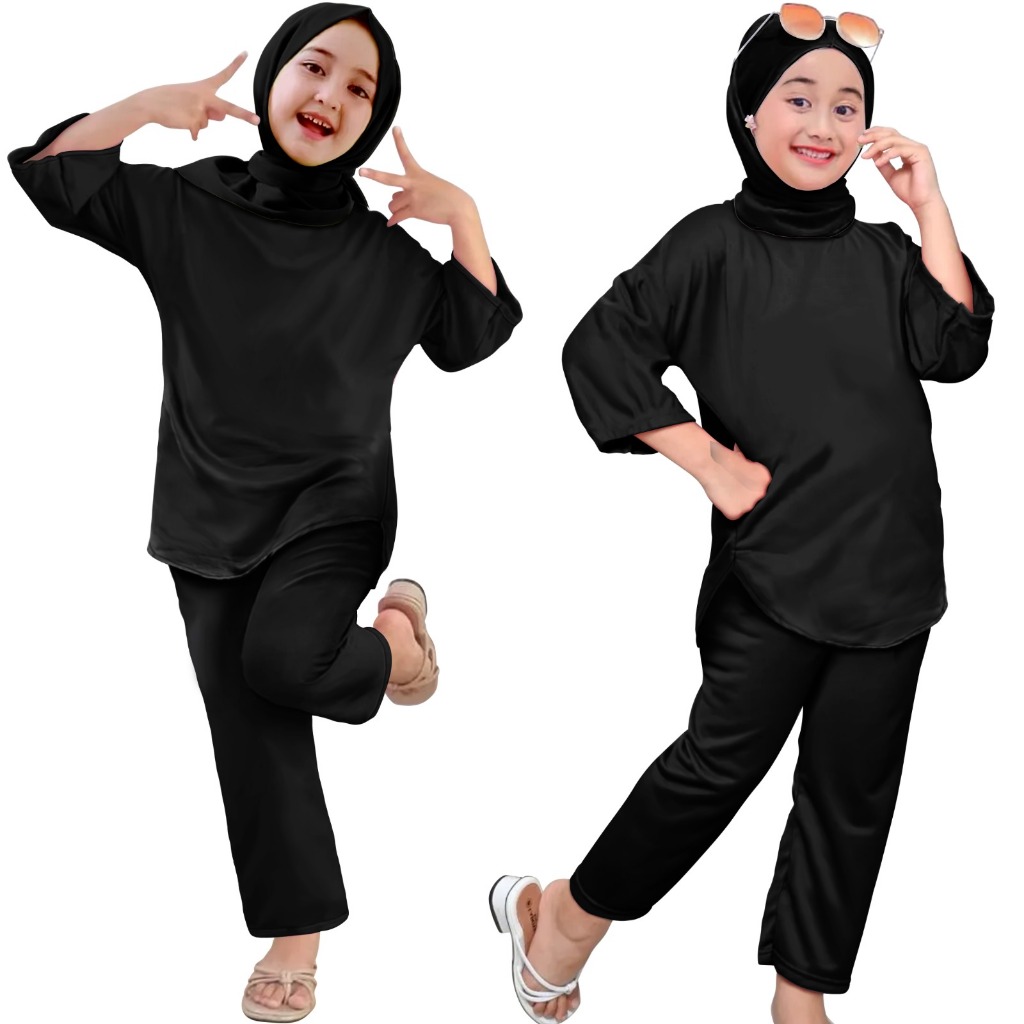 Setelan anak perempuan polos setcel slebew oneset