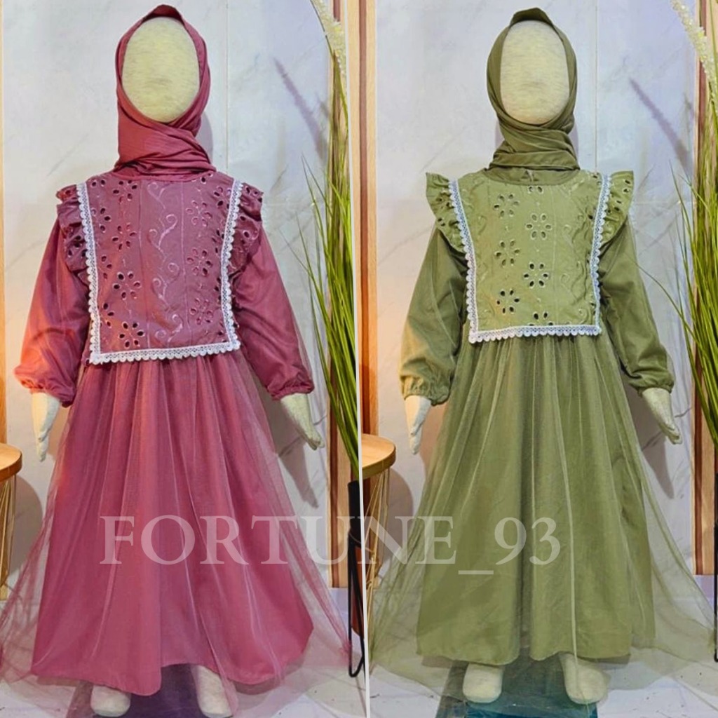 MARWAH Gamis Muslim Anak Perempuan Usia 3-12 Tahun Model Terbaru (FREE HIJAB) katun rami mix tile bu