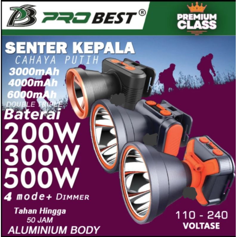 PROBEST LAMPU SENTER KEPALA 200W 300W 500 WATT RECARGEABLE HEAD LAMP CAHAYA PUTIH SUPER TERANG P200A