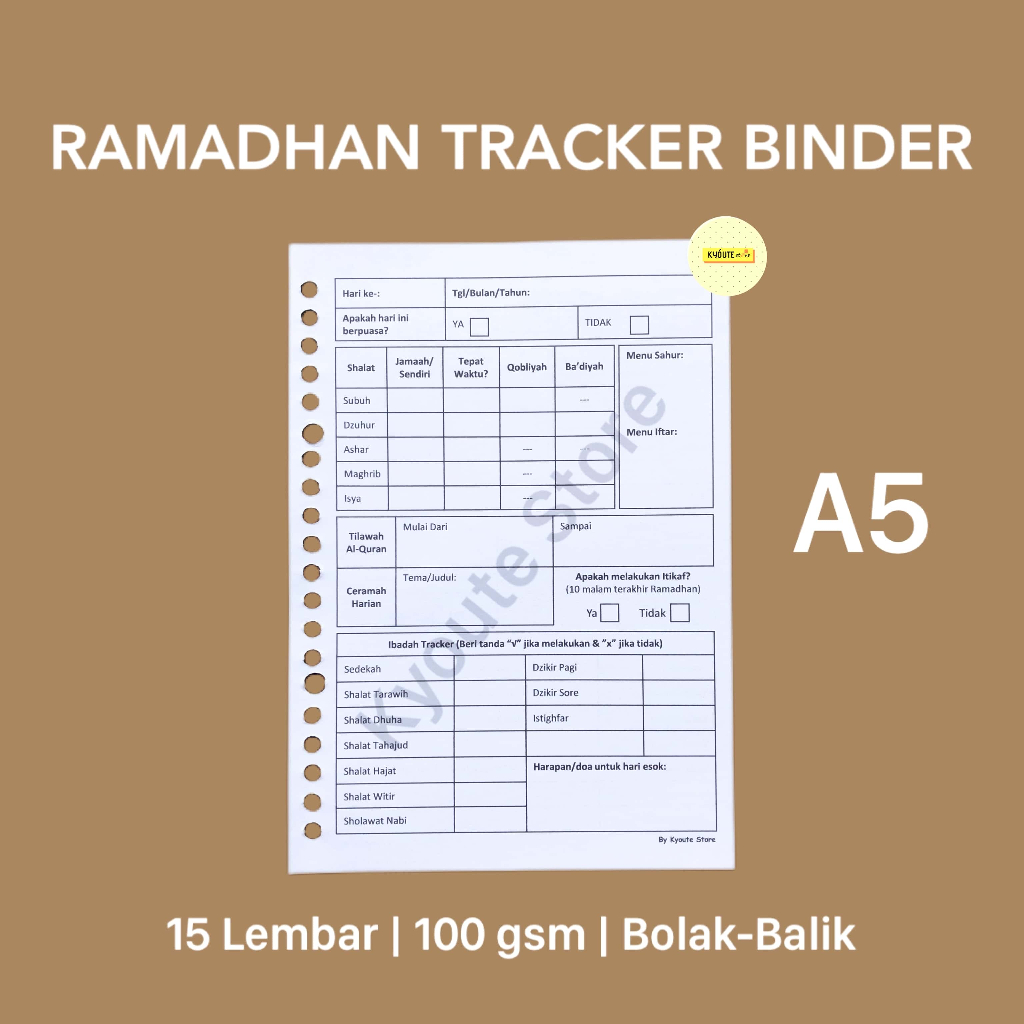 

Kertas Binder Undated Ramadhan Tracker A5 Kyoute Loose Leaf Islam Muslim Ibadah Ramadan Planner