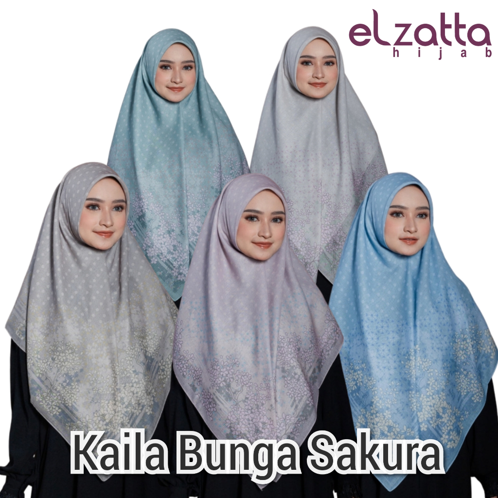 Kaila Bunga Sakura Elzatta Scarf Hijab Segi Empat Polycotton Motif Raya Collection 2025 Original