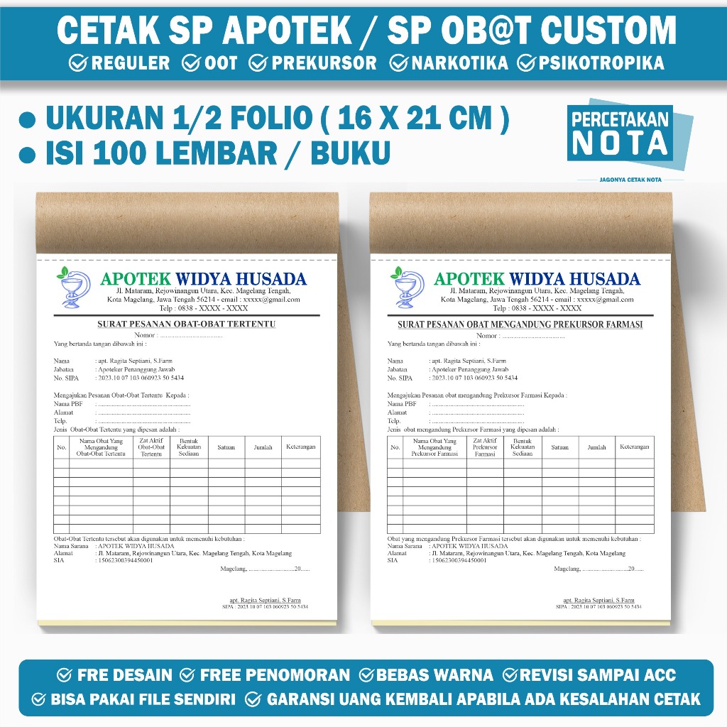 

surat pesanan obat Apotek 2 ply custom ukuran 1/2 folio