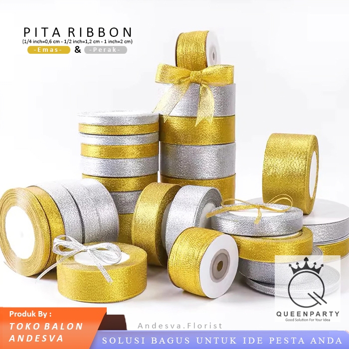 

Pita Ribbon Gliter / Pita Metalik / Pita Parcel Gliter Gold / Pita Kado Perak / pita renda mas perak