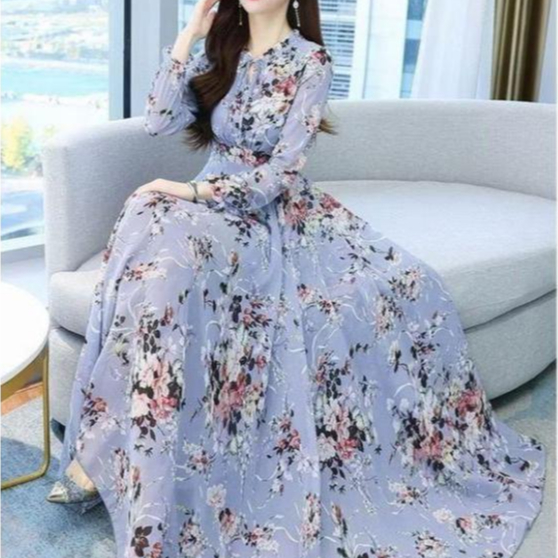 [MAFAZAH] maxi dress lengan panjang motif bunga bahan sifon hijab friendly