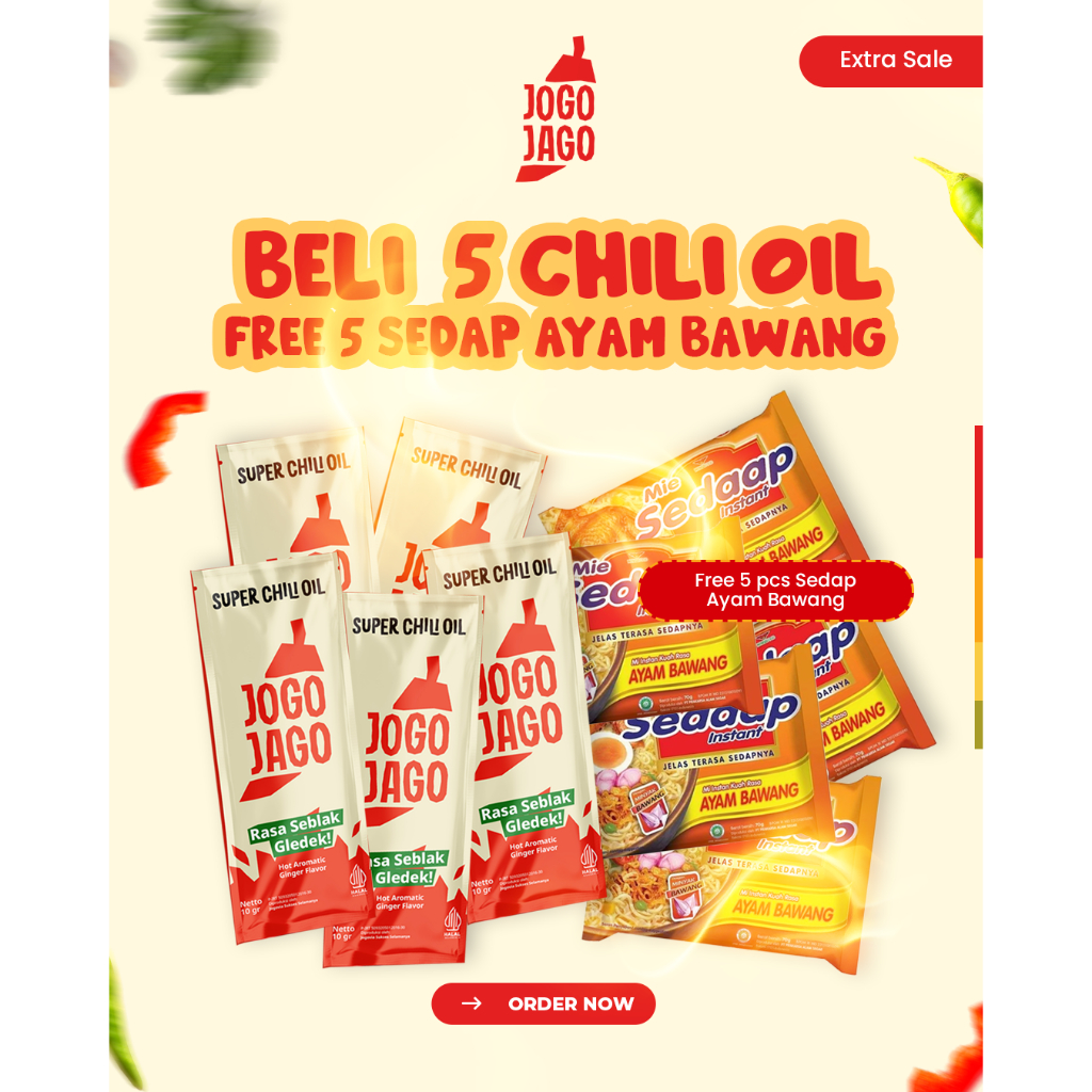 

Extra Sale - Beli 5 Pcs Super Chili Oil Jogojago (Free) 5 Mie Sedaap Ayam Bawang - Chili Oil Pedas