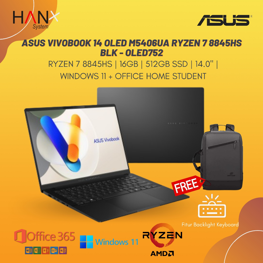 ASUS VIVOBOOK 14 OLED M5406UA RYZEN 7 8845HS 16GB 512GB W11+OHS 14.0WUXGA BLK -OLED752