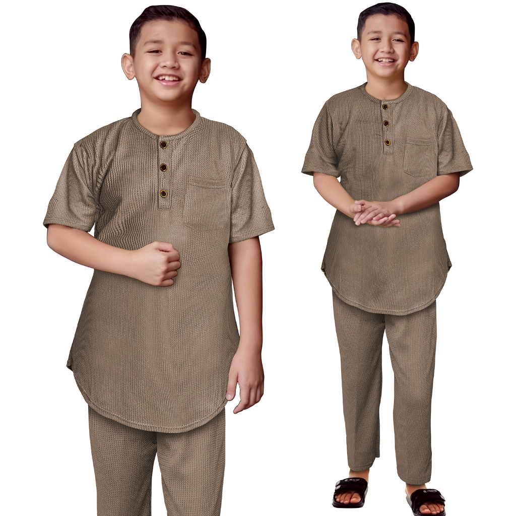 Setelan Koko Anak Bahan Waffle Uniqlo Baju Lebaran Lengan Pendek Anak-Anak 1-10 Tahun