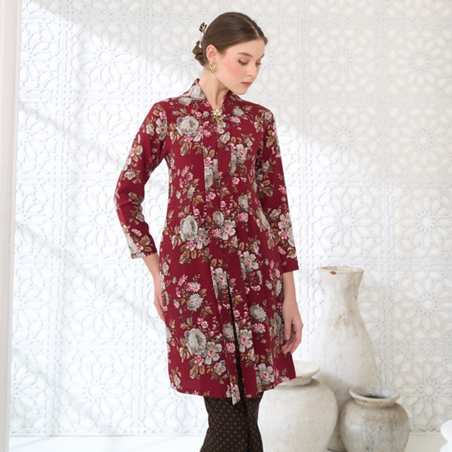 Kebaya Motif Bunga/ Kebaya Kutubaru Merah Maroon / Kebaya Kartini  Encim Maroon/ Baju Kondangan Jumb