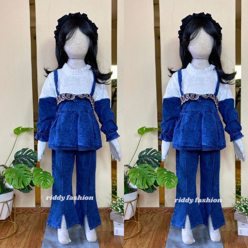 Setelan jeans molly mix brukat anak perempuan usia 3 - 12 tahun / set denim mix brukat celana cutbra