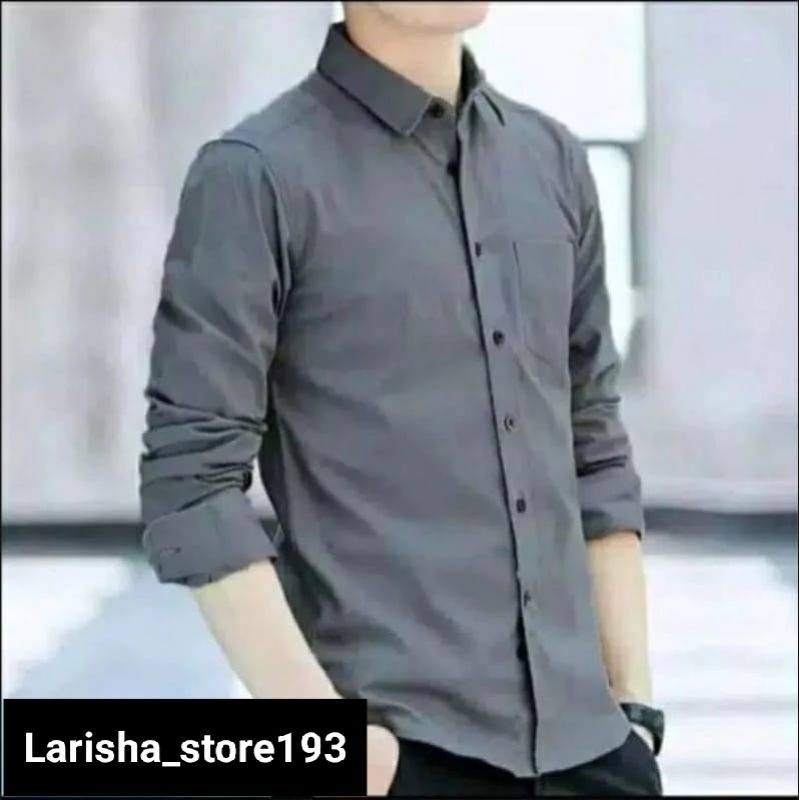 Hem kemeja Abu abu pria polos lengan panjang Slimfit warna Dark grey distro bahan katun premium