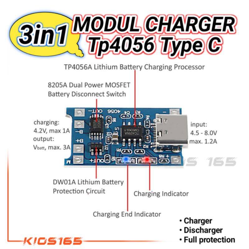 MODUL CHARGER BATERAI 18650 TP4056 USB Type C