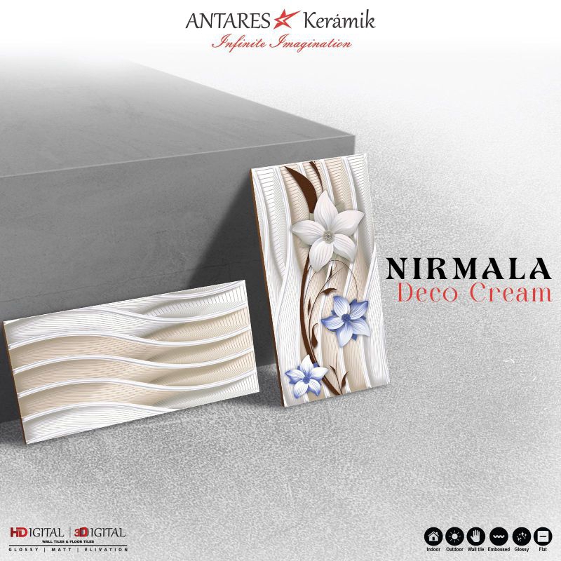 KERAMIK DINDING ANTARES UK. 25X50 | NIRMALA  DECO CREAM | EMBOSSED GLOSSY | KW 1