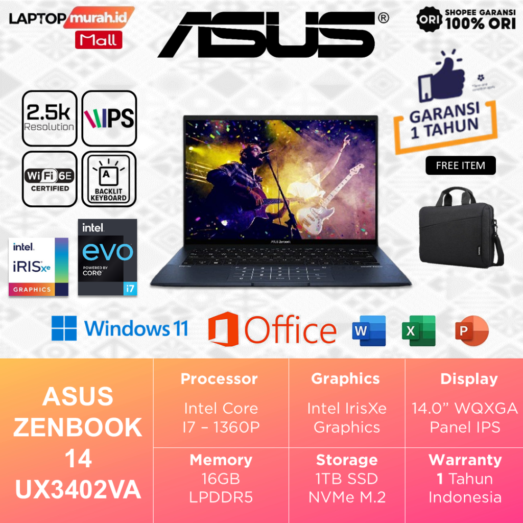 Laptop Asus Zenbook UX3402VA i7-1360P 16GB 1TB 14.0" QHD IPS Backlit Windows 11 Home + OHS 2019