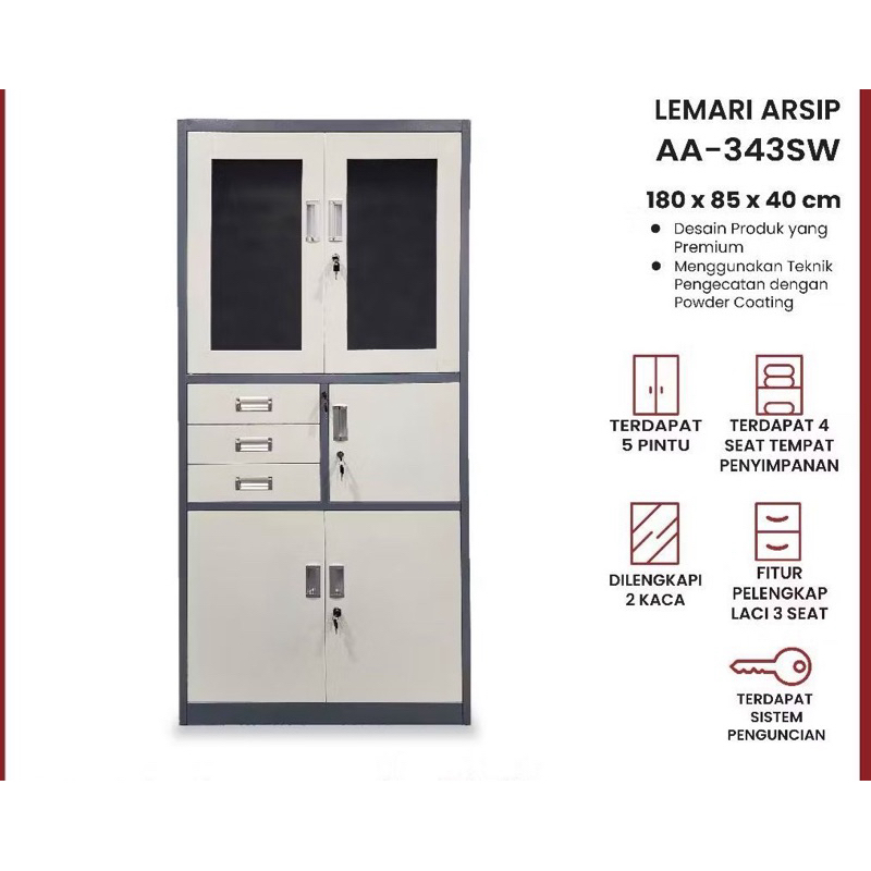 Lemari Arsip Filling Cabinet 4 Pintu 3 Laci 1 Brangkas atas kaca bawah Plat AA 343SW