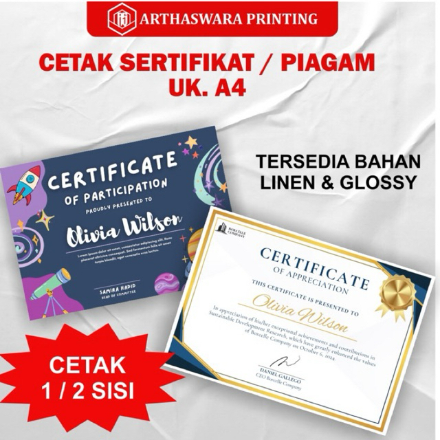 

Cetak Sertifikat Piagam Ukuran A4