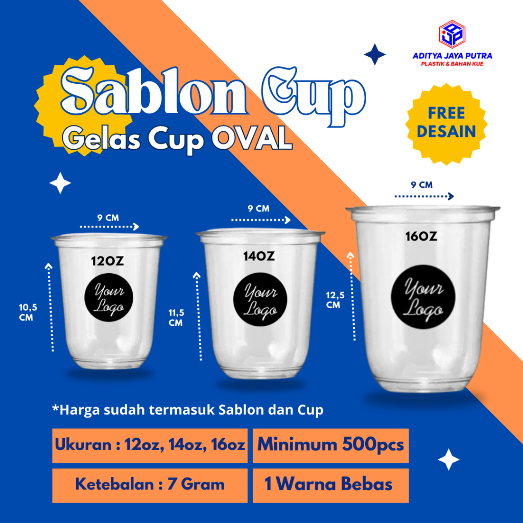 Sablon Custom Cup 12 OZ, 14 OZ , 16OZ  Merk Hokkaku dan 18OZ HOK ( Tebal 7 gram )
