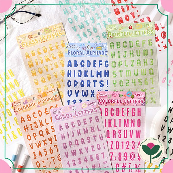 

1 set isi 8 lembar rainbow alphabet sticker lucu cute deco stiker journaling diy scrapbook stiker huruf angka MK1866
