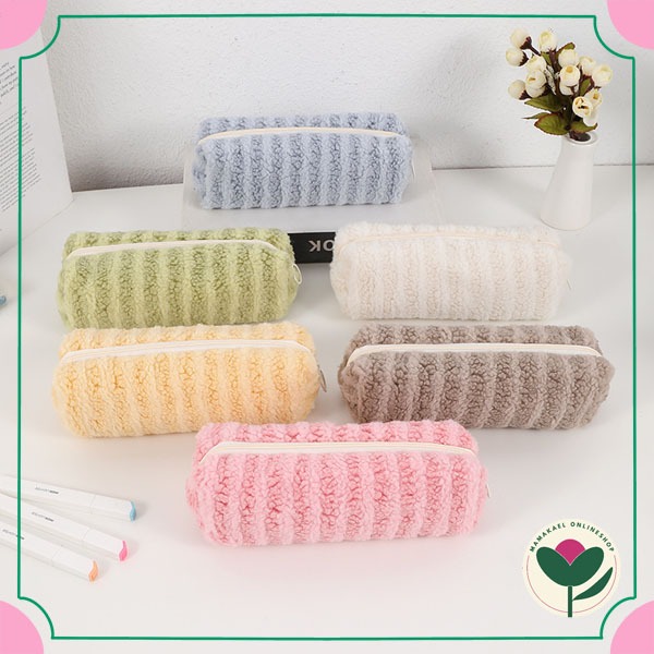 

Kotak pensil bulu two tone stripe tempat pensil gradasi 2 warna lucu minimalis aesthetic MK1867