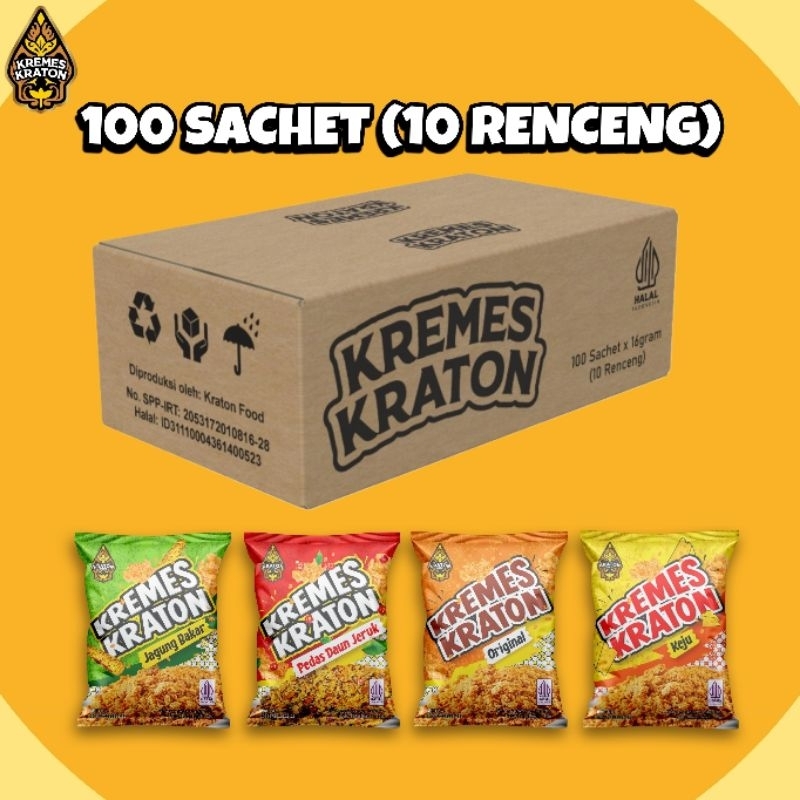 

Kremes Kraton Sachet Dus - 100 x 16g (10 Renceng) Original, Pedas Daun Jeruk, Keju, Jagung Bakar