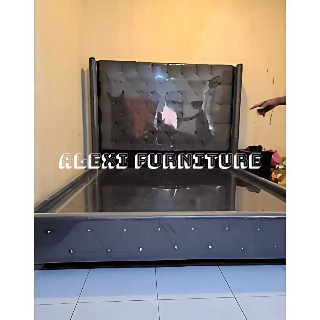Divan kasur model kancing kain beludru sandaran tinggi 170 cm