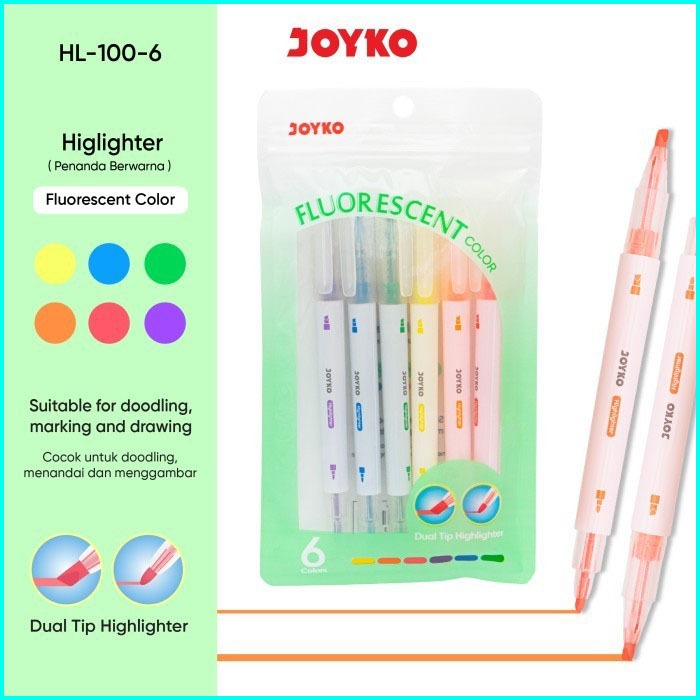 

(1 SET) Penanda Berwarna Highlighter Joyko HL-100-6. Satu set 6 Warna Fluorescent