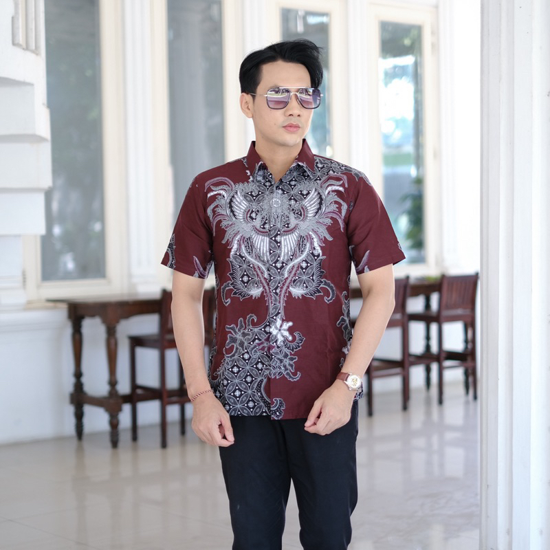 LASKAL MERAH MAROON BURGUNDY Batik Premium KENCANA MAS Kemeja Batik Pria Lengan Panjang, Modern, Ful