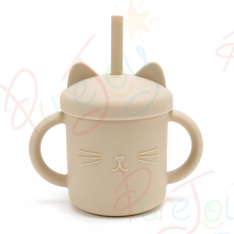 Gelas Minuman Silikon Anak Gambar Kucing dengan Sedotan, Pegangan & Penutup - Lucu, Praktis, dan Ama