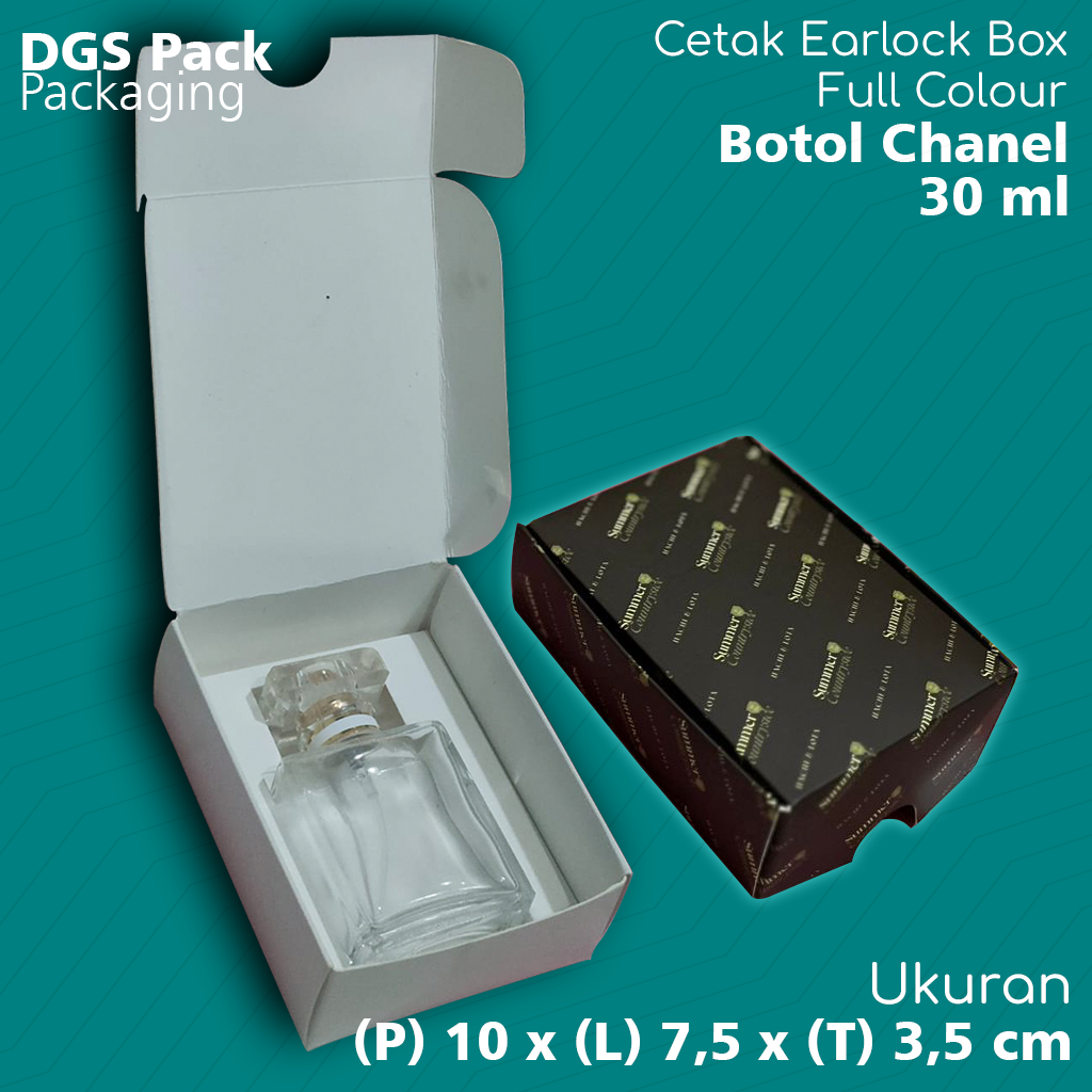 

Box Earlock full colour/logo sendiri/brand sendiri ukuran P x L x T : 10 x 7,5 x 3,5 cm untuk botol Chanel 30ml