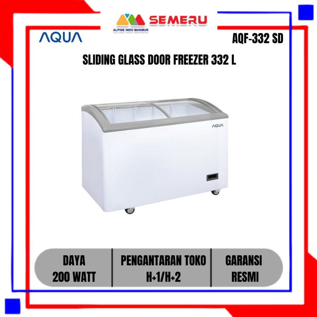 AQUA SLIDING GLASS DOOR FREEZER 332 LITER AQF-332 SD DAYA 200 WATT KHUSUS MAKASSAR FREE PENGANTARAN