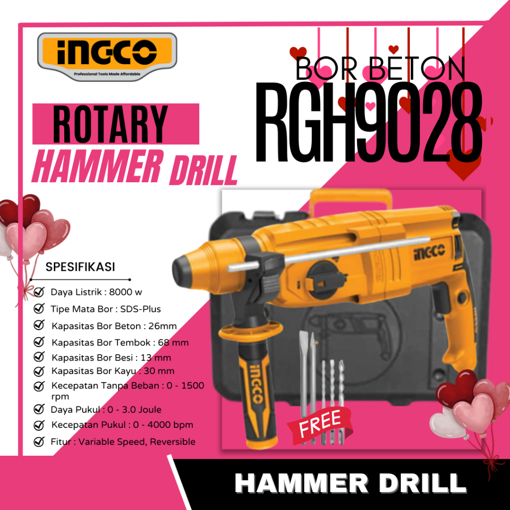 Mesin Bor Bobok INGCO RGH9028 Mesin Rotary Hammer Drill Sds Plus INGCO RGH9028 Mesin Bor Bobok Tembo