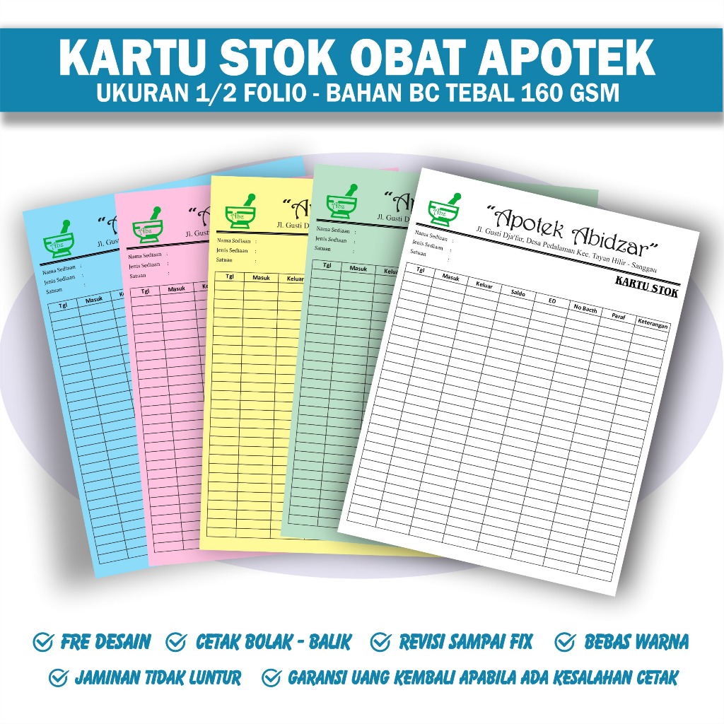 

Kartu Stok Obaat Apotek cetak 2 sisi Bahan BC 160 GSM