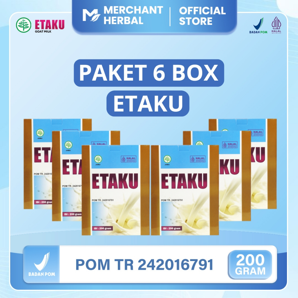 

Merchant Herbal - Paket 6 Box Etaku Goat Milk Susu Bubuk Kambing Etawa Murni Sudah Bpom & Halal Mui - Isi 1200 Gram
