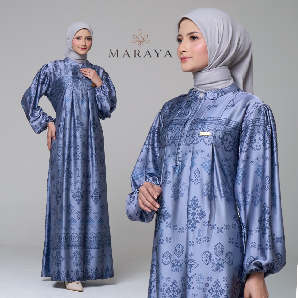 Maraya Official - Dress Arshy Denim Lebaran 2025 Mewah Dior Silk Motif Printing Busui Friendly