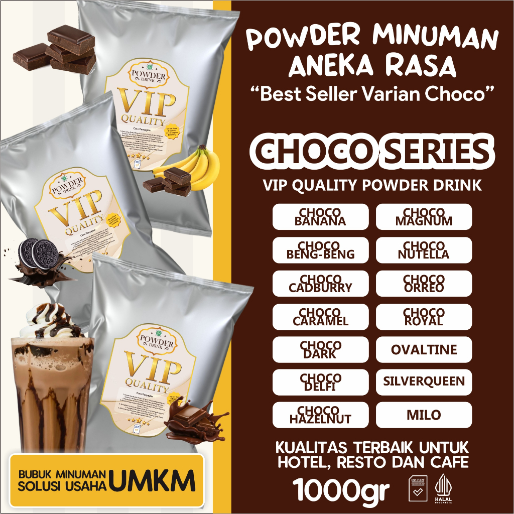 

Bubuk Serbuk Minuman Varian Rasa Coklat Cokelat Choco Flavor Powder VIP Premium 1kg / 250 gram untuk Cafe Hotel Resto