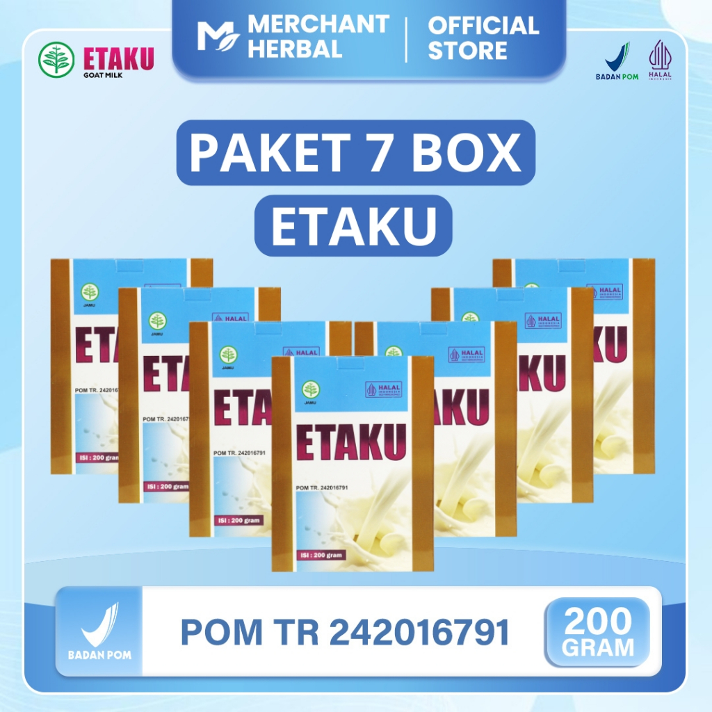 

Merchant Herbal - Paket 7 Box Etaku Goat Milk Susu Bubuk Kambing Etawa Murni Sudah Bpom & Halal Mui - Isi 1400 Gram