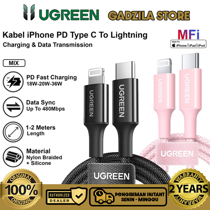 UGREEN Kabel Charger Cas iPhone MFi USB C To Lightning Nylon Braided Fast Charging Data Cable For iP