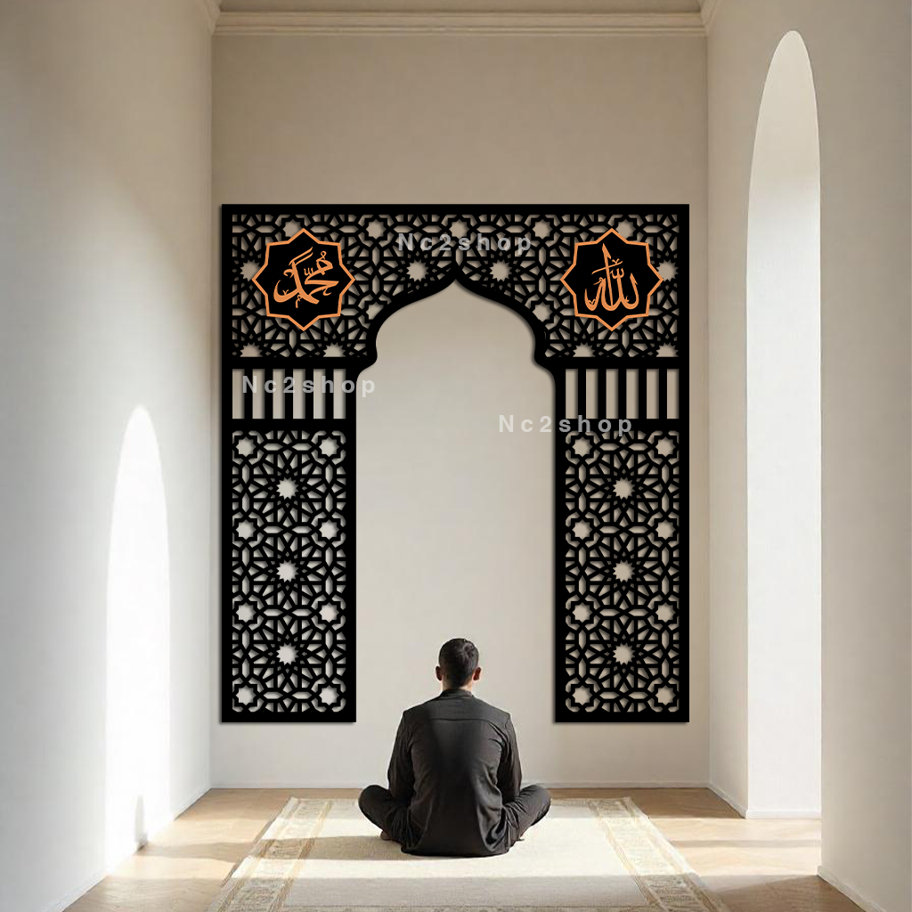 walldecor kayu mihrab musholla allah muhammad - walldecor mihrab ruang sholat - pajangan kayu mihrab
