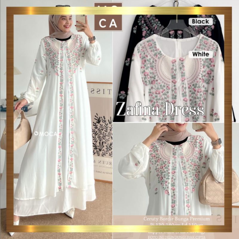 ZAFINA DRESS CERUTY BORDIR BUNGA PREMIUM LD 110cm ORIGINAL BY MOCA | GAMIS PUTIH DRESS POLOS WANITA 